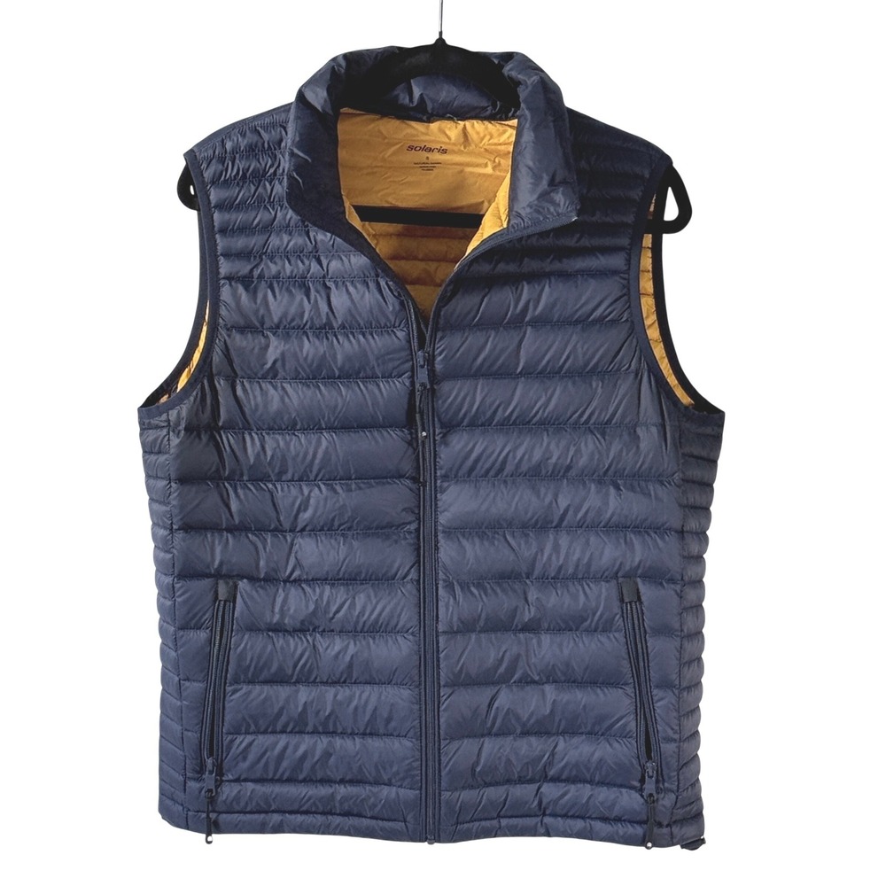 Solaris Mens Puffer Vest Navy Blue Yellow Lining Full Zip Natural Down Sz S util